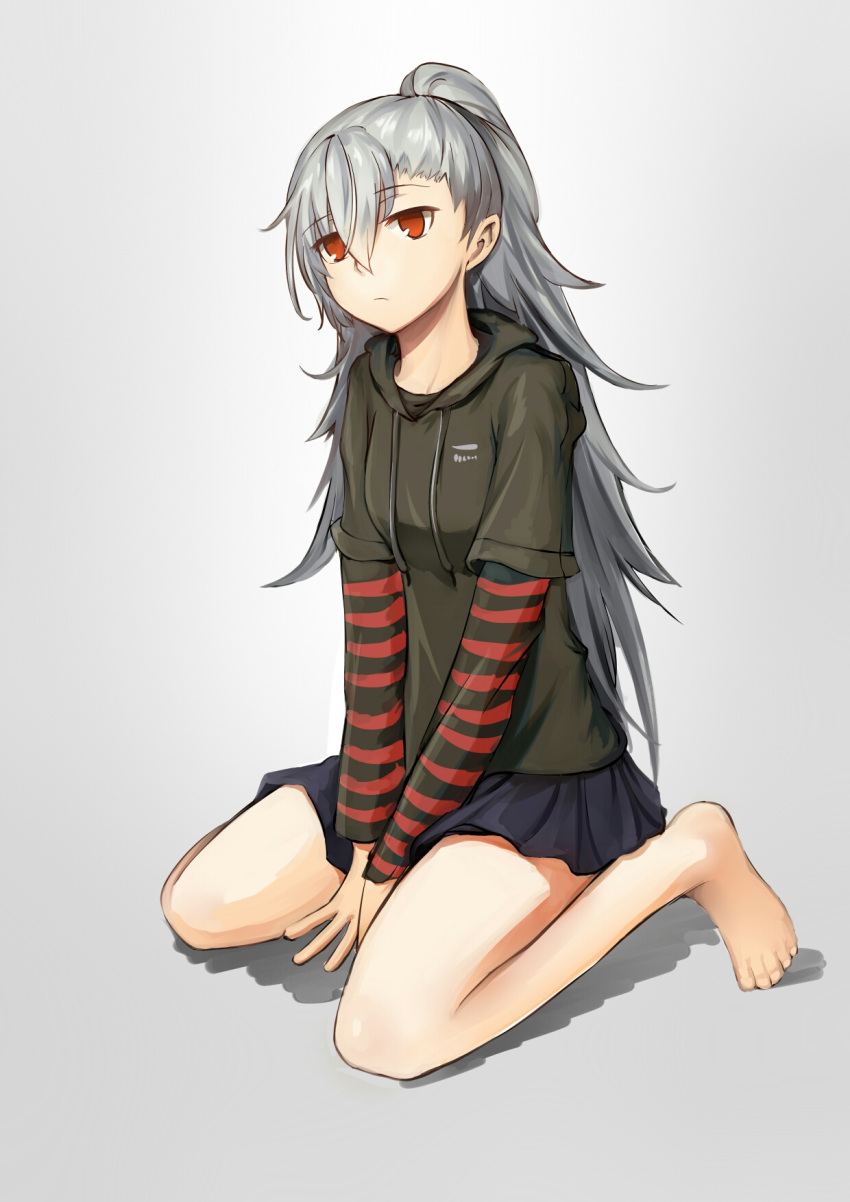 1girl, barefoot, between_legs, black_sweater, blue_skirt, closers, eyebrows_visible_through_hair, full_body