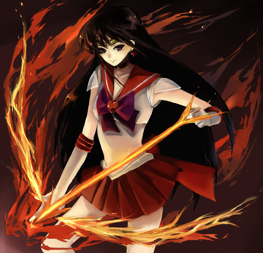 bishoujo_senshi_sailor_moon, black_hair, bow_(weapon), choker, earrings, elbow_gloves, fiery_background, fire