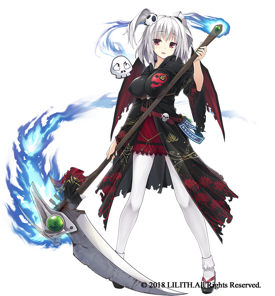 1girl, blue_fire, breasts, company_name, fire, floral_print, full_body, hair_ornament