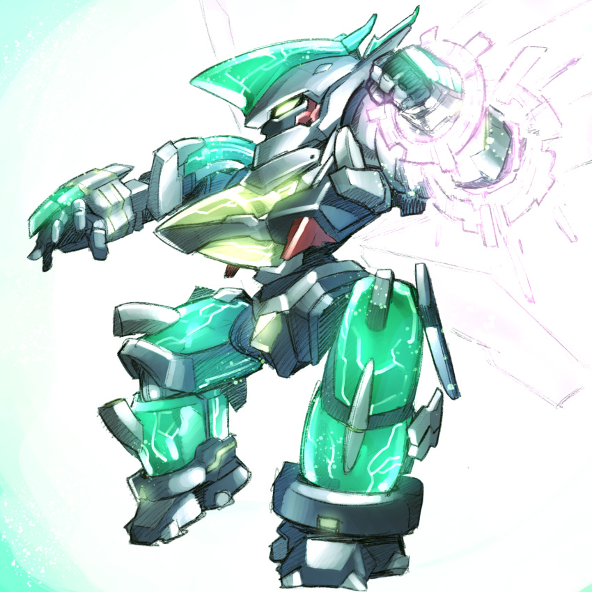 clenched_hand, glowing, glowing_eyes, green_eyes, highres, ishiyumi, looking_away, mecha, no_humans, solo, zegapain, zegapain_altair