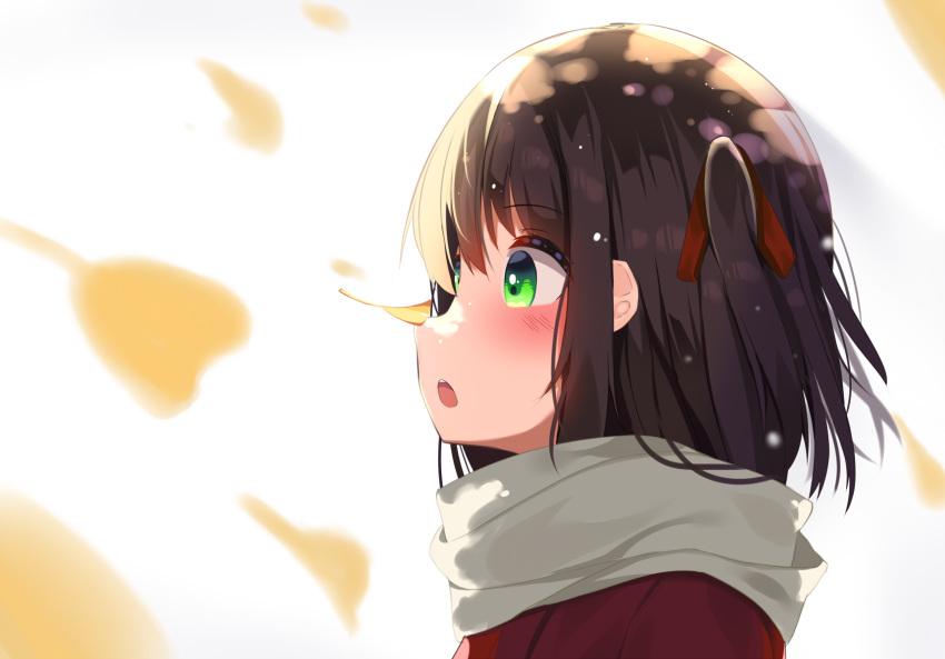1girl, blurry, blurry_background, blurry_foreground, blush, brown_hair, coat, commentary_request