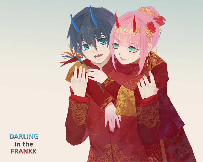 1boy, 1girl, alternate_costume, alternate_hairstyle, arm_around_neck, bangs, black_hair, blue_eyes