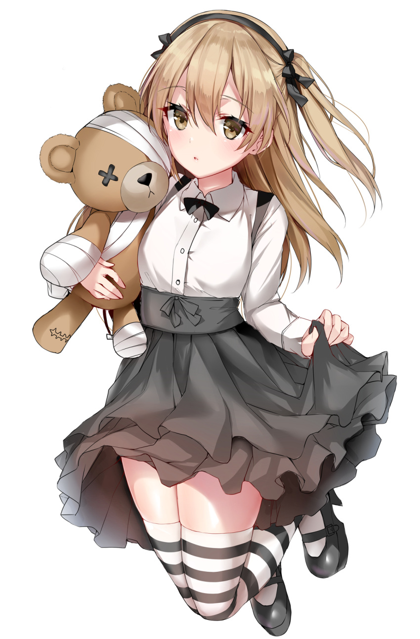 1girl, bandage, bangs, black_footwear, black_neckwear, black_skirt, blue_gk, blush