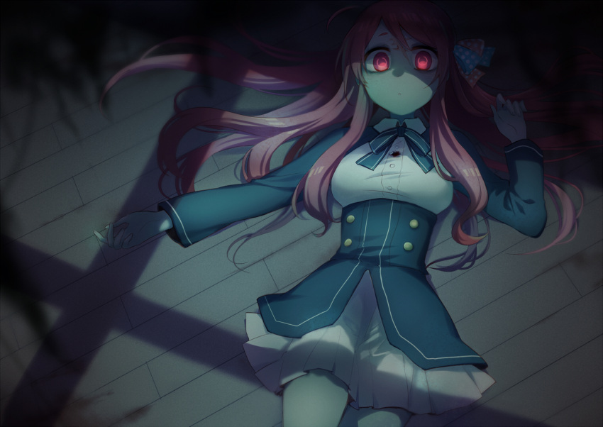 1girl, bow, hair_bow, long_hair, lying, mary_(14476764), minamoto_sakura_(zombieland_saga), night