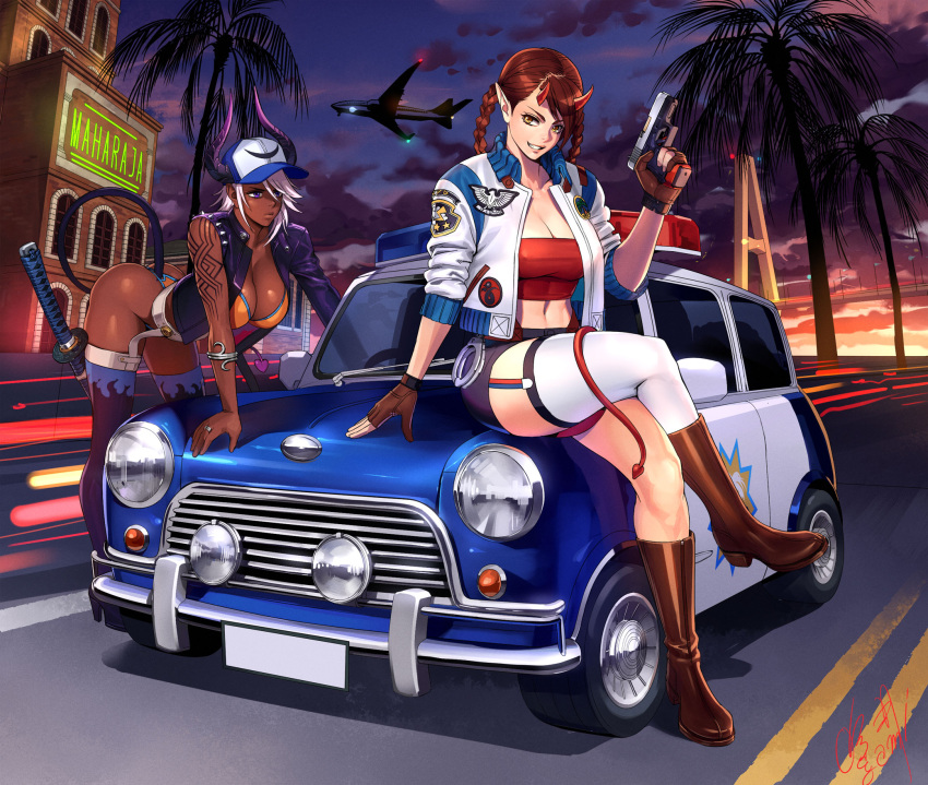2girls, aircraft, airplane, arm_tattoo, ass, bangs, baseball_cap, bent_over, bikini, black_footwear, black_jacket, black_shorts, blue_hat, boots, bracelet, braid, breasts, brown_footwear, brown_gloves, brown_hair, building, car, cleavage, closed_mouth, clouds, collarbone, collared_jacket, commentary_request, cropped_jacket, cuffs, dark_skin, demon_girl, demon_horns, demon_tail, dusk, erect_nipples, expressionless, full_body, garter_belt, gloves, grin, ground_vehicle, gun, handcuffs, handgun, hat, head_tilt, high_heel_boots, high_heels, highres, holding, holding_gun, holding_weapon, horns, jacket, jewelry, katana, knee_boots, large_breasts, legs_crossed, long_hair, looking_at_viewer, looking_away, midriff, motor_vehicle, multiple_girls, navel, ogami, on_vehicle, oni, oni_horns, open_clothes, open_jacket, orange_bikini, original, outdoors, palm_tree, partly_fingerless_gloves, pocket, pointy_ears, police_car, ring, road, scabbard, sheath, sheathed, shorts, signature, single_sleeve, single_thighhigh, sitting, sleeves_pushed_up, smile, spikes, strapless, swimsuit, sword, tail, tattoo, thigh-highs, thigh_boots, thong, tree, trigger_discipline, tubetop, twin_braids, twintails, violet_eyes, weapon, white_belt, white_hair, white_hat, white_jacket, white_legwear, yellow_eyes