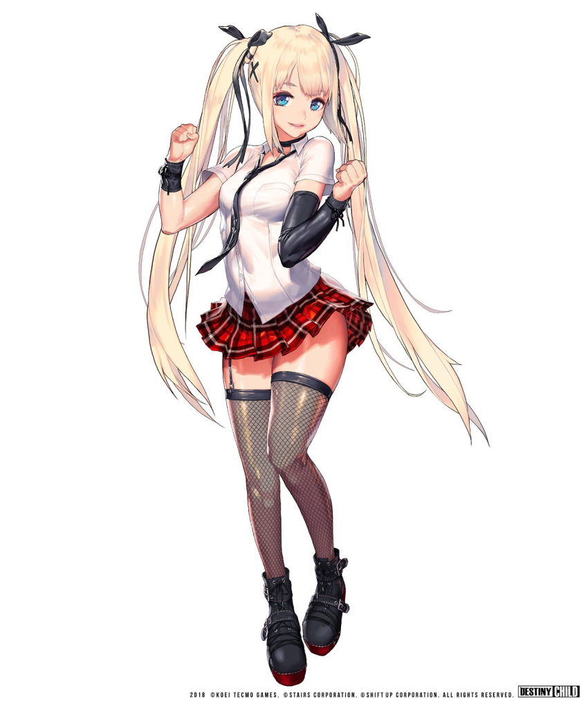 1girl, arm_warmers, bangs, black_neckwear, blonde_hair, blue_eyes, boots, bow
