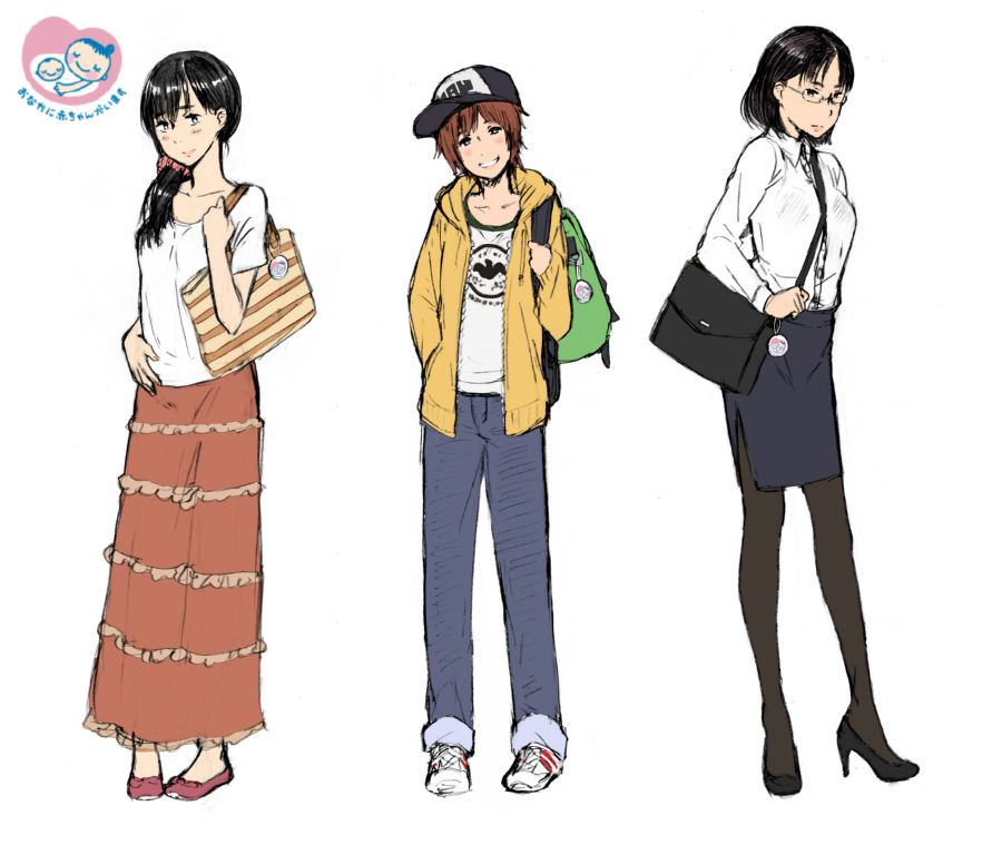 3girls, backpack, bag, baseball_cap, black_hair, black_legwear, blouse, breasts