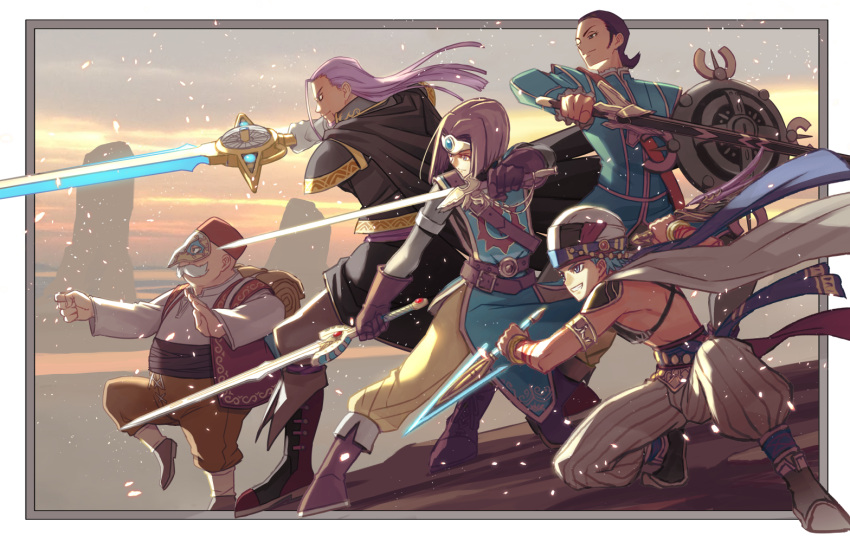 5boys, alternate_costume, belt, blue_hair, blue_jacket, boots, brown_hair, camus_(dq11)