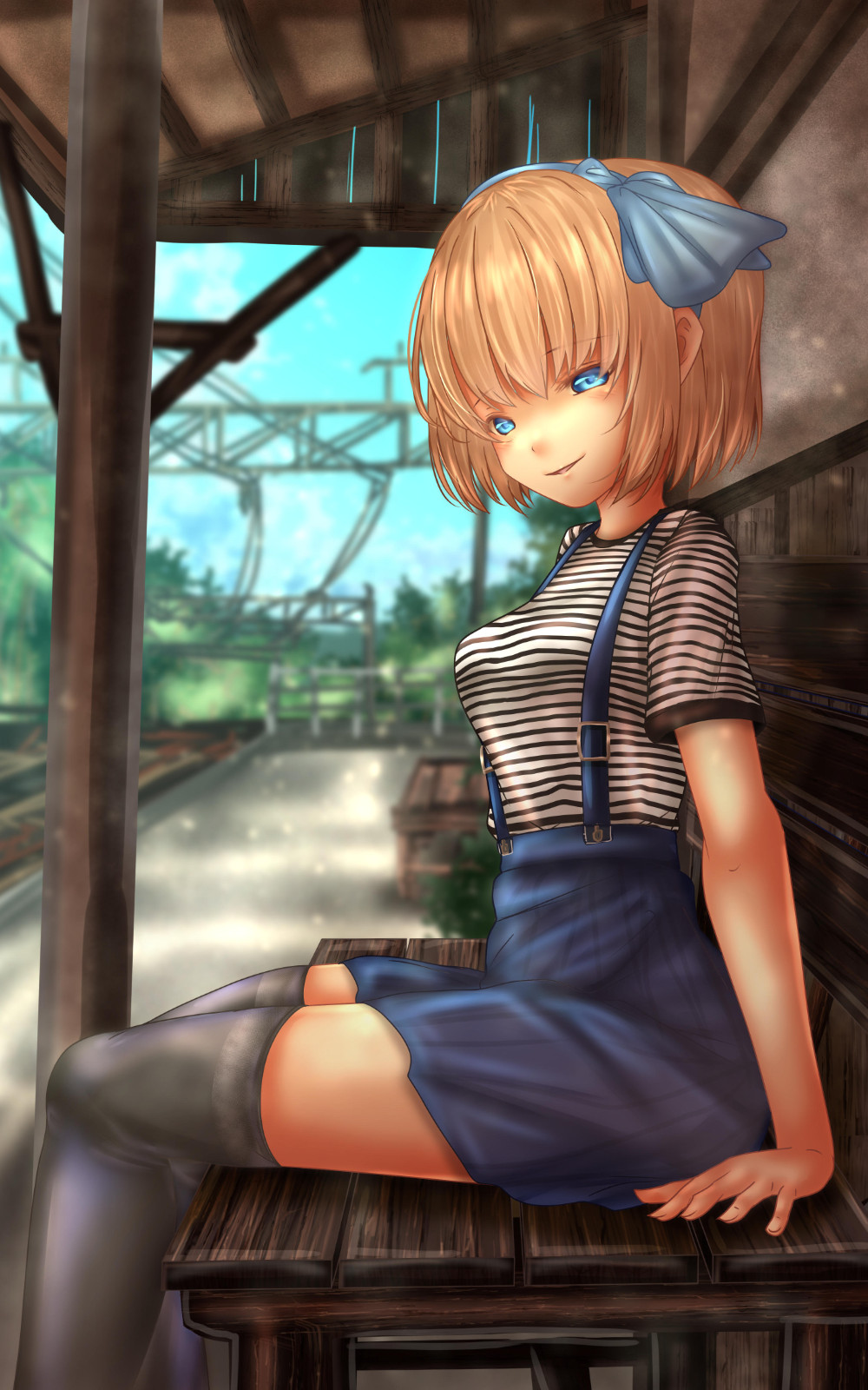 1girl, alice_margatroid, arm_support, bangs, bench, black_legwear, black_skirt, blue_hairband