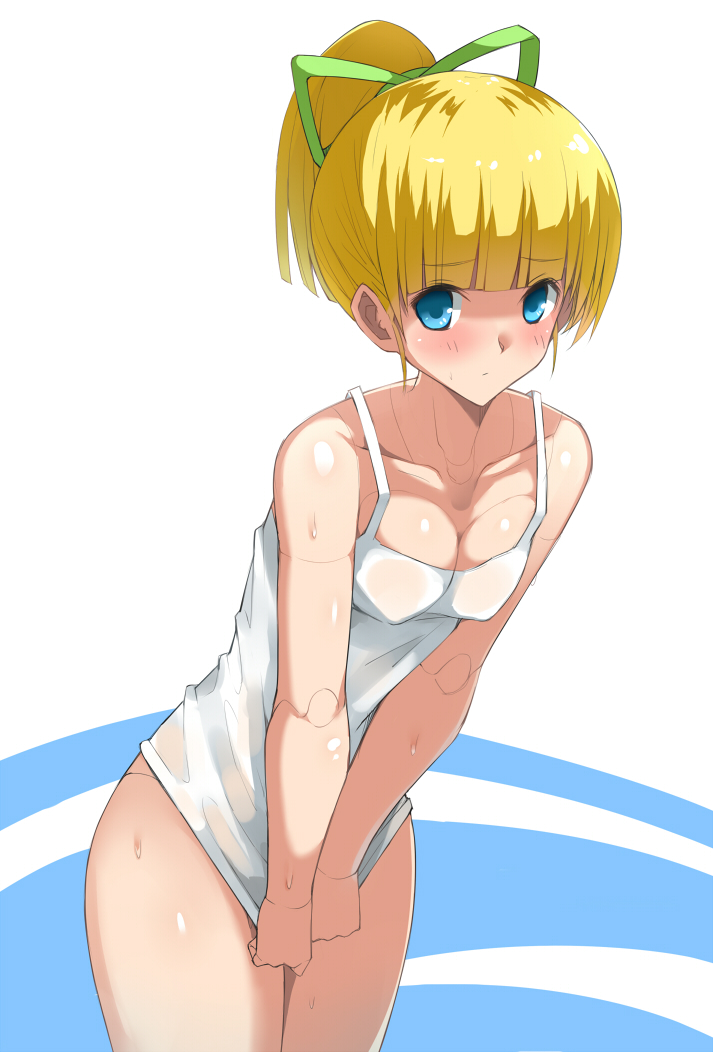 1girl, android, bangs, bare_arms, bare_shoulders, blonde_hair, blue_eyes, blunt_bangs