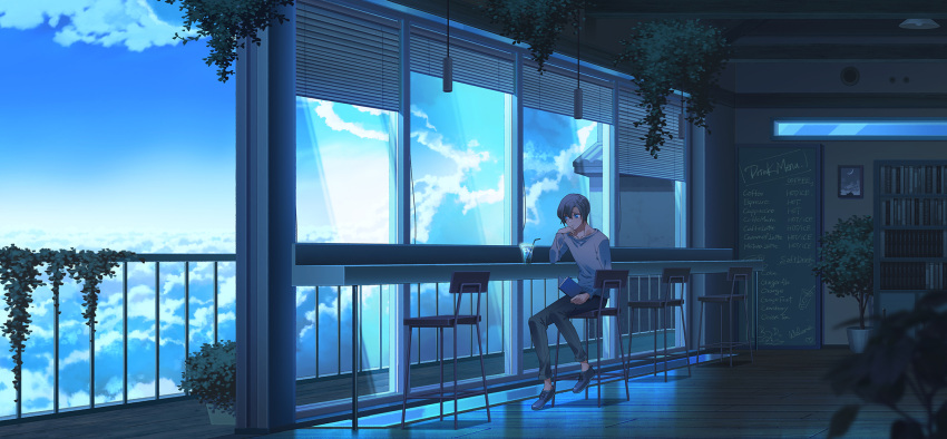 1boy, blue_eyes, blue_sky, book, bookshelf, chair, closed_mouth, clouds