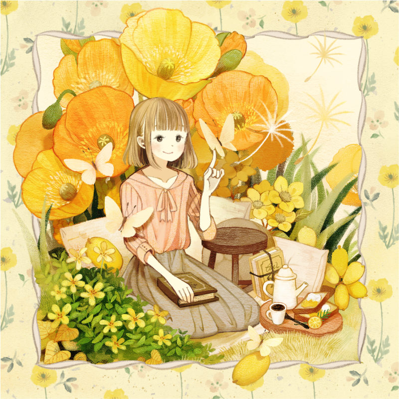 1girl, bangs, blunt_bangs, blush, book, book_on_lap, bread, brown_eyes