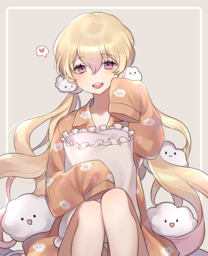 1girl, :d, bangs, blonde_hair, blush, brown_background, brown_shirt, collared_shirt, commentary_request, eyebrows_visible_through_hair, frilled_pillow, frills, hair_between_eyes, hair_ornament, hand_up, head_tilt, heart, long_hair, long_sleeves, low_twintails, mahou_shoujo_ikusei_keikaku, mahou_shoujo_ikusei_keikaku_unmarked, moffle_(ayabi), nemurin, open_mouth, pajamas, pillow, print_pajamas, print_shirt, round_teeth, shirt, sitting, sleeves_past_fingers, sleeves_past_wrists, smile, solo, spoken_heart, teeth, twintails, upper_teeth, very_long_hair, violet_eyes