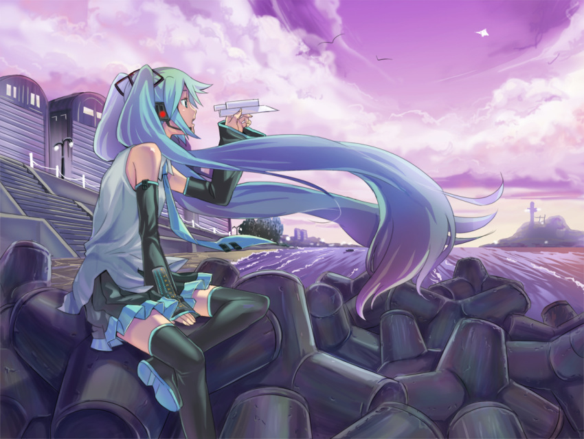 detached_sleeves, hatsune_miku, headphones, hikiyama_towa, long_hair, microphone, miniskirt, necktie