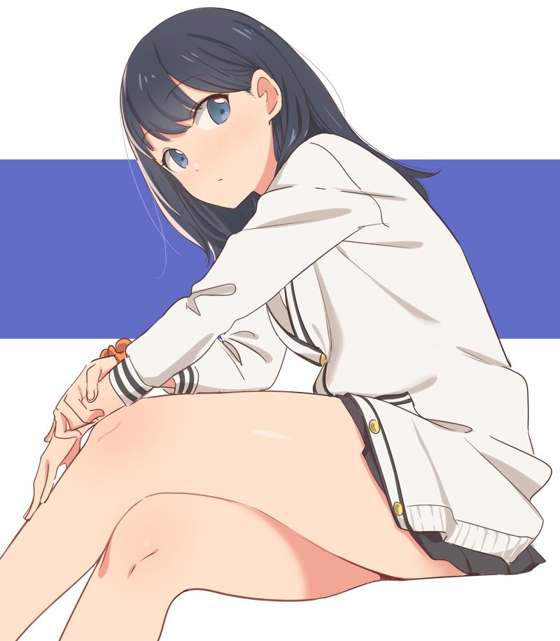 1girl, bangs, bare_legs, black_hair, blue_eyes, cardigan, knees, legs
