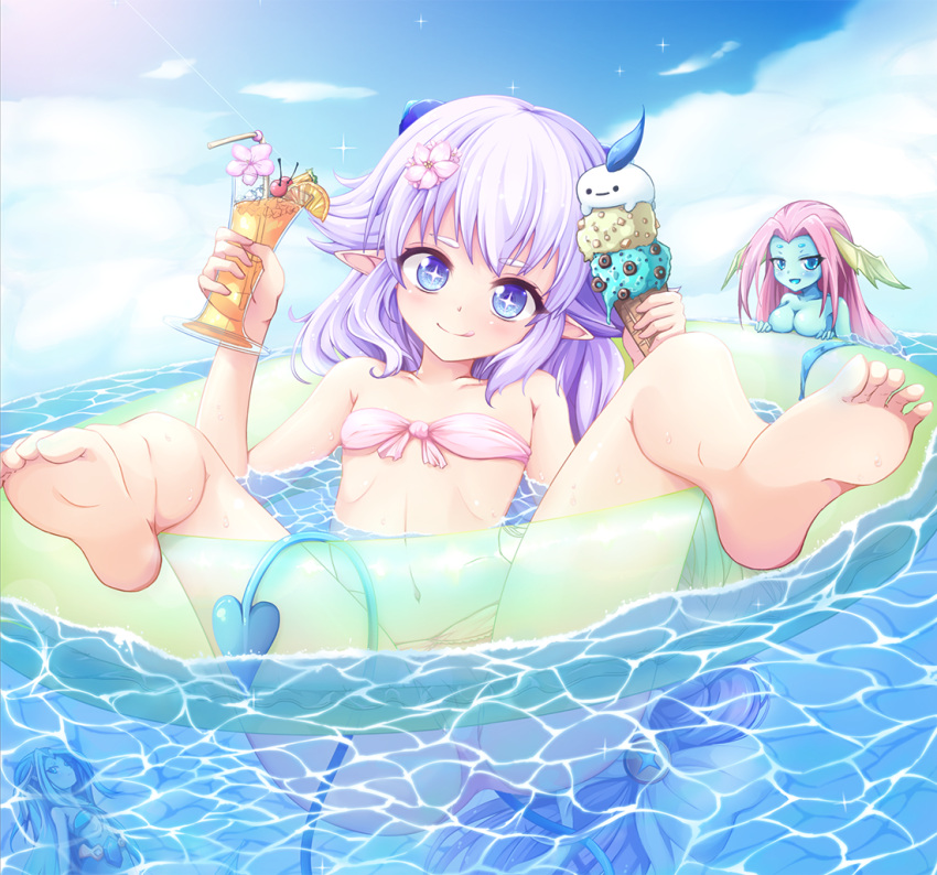 1girl, buoy, cat_and_rabbit, chilling_hedgehog_(elsword), clouds, collarbone, demon_girl, demon_horns, demon_tail, drink, elsword, eyebrows_visible_through_hair, floating, flower, food, hair_flower, hair_ornament, horns, ice_cream, ice_cream_cone, iz_(elsword), laguz_(elsword), licking_lips, luciela_r._sourcream, navel, sky, sparkle, star, star-shaped_pupils, sunlight, swimsuit, symbol-shaped_pupils, tail, tongue, tongue_out, water