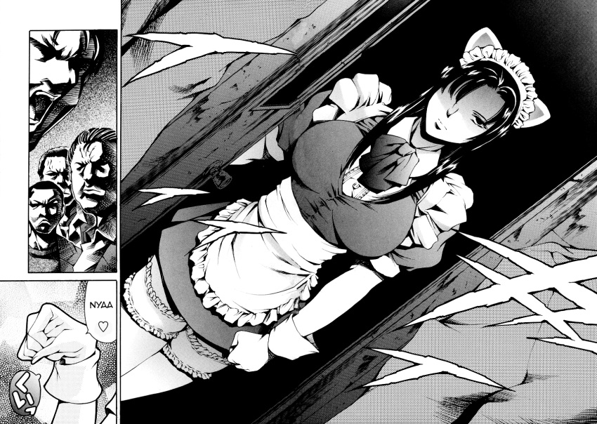 apron, black_hair, blouse, cat_ears, frills, hair_over_one_eye, highres, maid, monochrome, nyaa, nyan, ribbon, skirt, surprise, surprised, thigh-highs, thighhighs, tsundere, wrist_cuffs