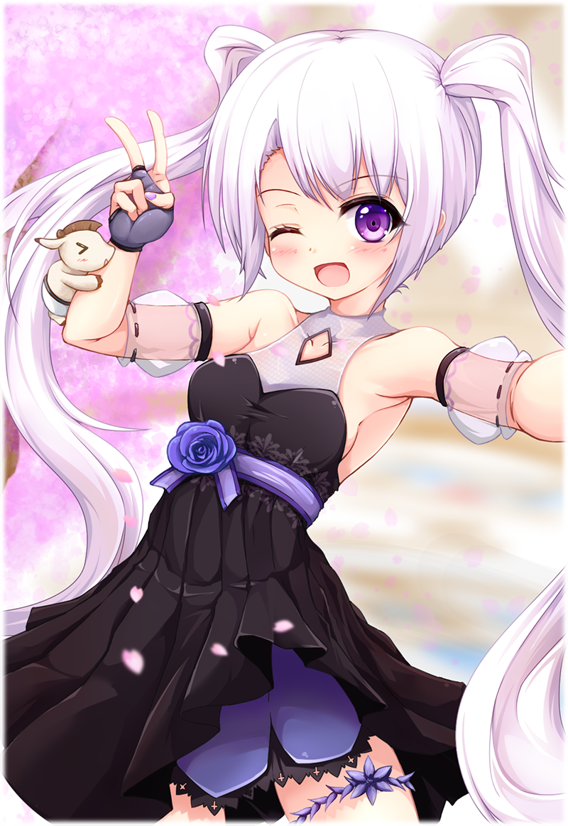 >o<, 1girl, aisha_(elsword), armpits, bare_shoulders, blush, breasts, cat_and_rabbit