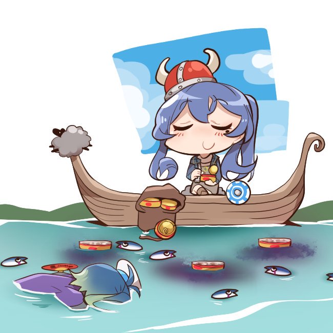 2girls, animal, bangs, bitchcraft123, blue_hair, blush, boat, can