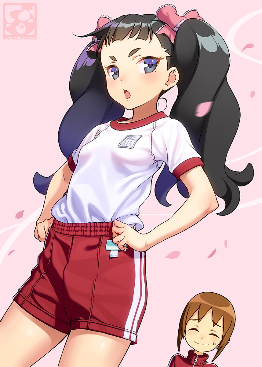2girls, akino_matsuki, bangs, black_hair, blunt_bangs, blush, breasts, brown_hair, closed_eyes, commentary_request, cowboy_shot, dutch_angle, gym_shirt, gym_uniform, hands_on_hips, highres, looking_at_viewer, multiple_girls, open_mouth, pairan, pink_background, red_shorts, seki_oriko, serious, shiny, shiny_hair, shirt, short_hair, shorts, small_breasts, thighs, twintails, wakaokami_wa_shougakusei, white_shirt