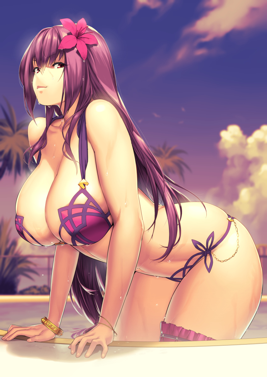 1girl, alternate_costume, bangs, bikini, blue_sky, bracelet, breasts, brown_eyes