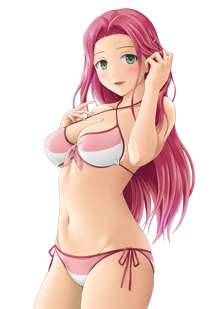 1girl, :d, bikini, blush, breasts, cleavage, collarbone, cowboy_shot