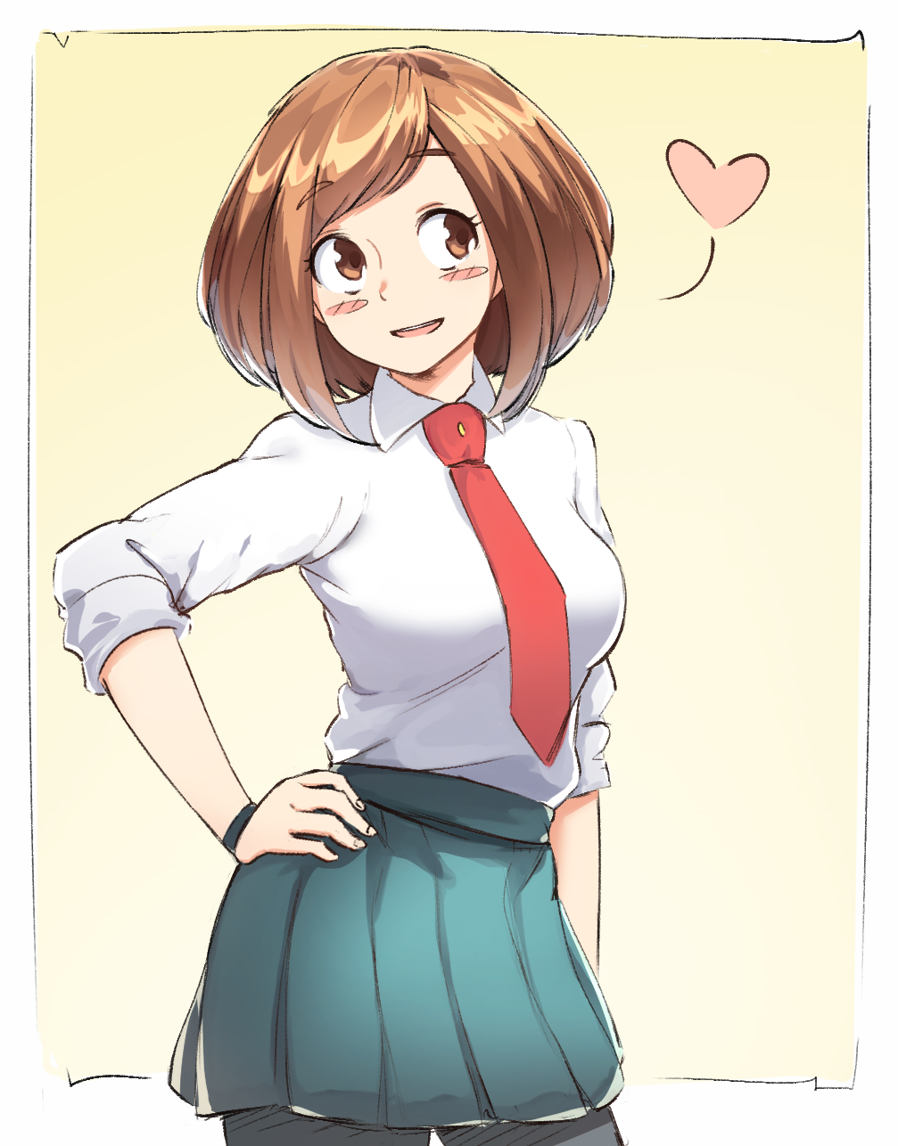 1girl, :d, aqua_skirt, bangs, black_legwear, blush, boku_no_hero_academia, brown_eyes