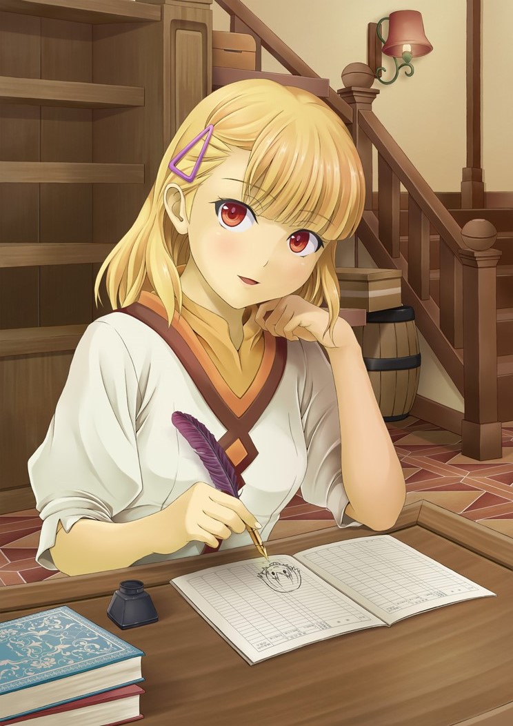 1girl, :d, blonde_hair, drawing, eyebrows_visible_through_hair, hair_ornament, head_rest, holding_feather