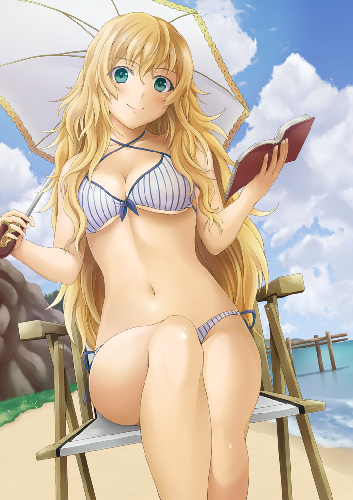 1girl, beach, bikini, blonde_hair, blue_sky, book, breasts, cleavage