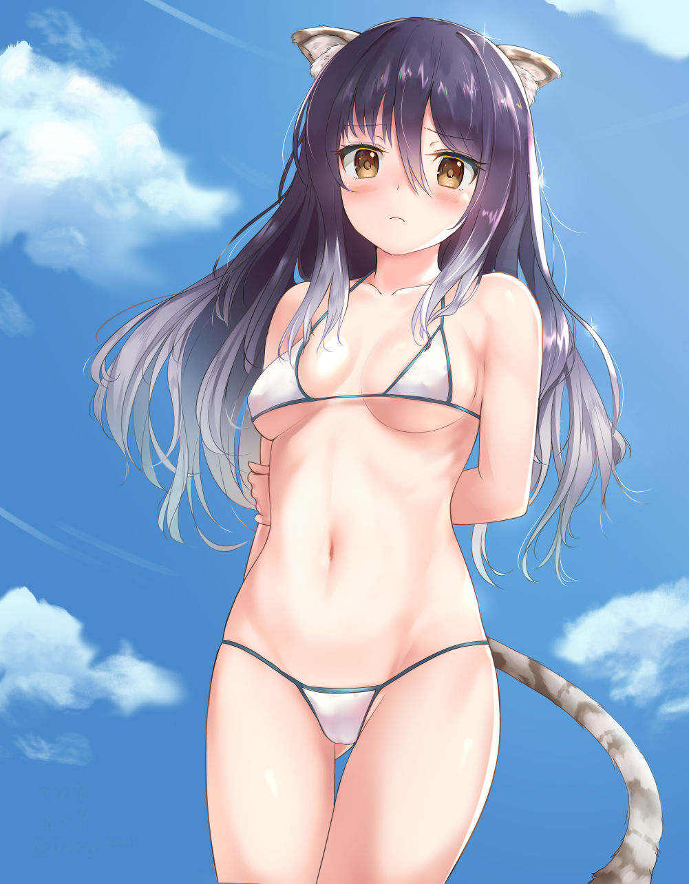 1girl, animal_ear_fluff, animal_ears, arms_behind_back, bangs, bare_arms, bare_shoulders, bikini