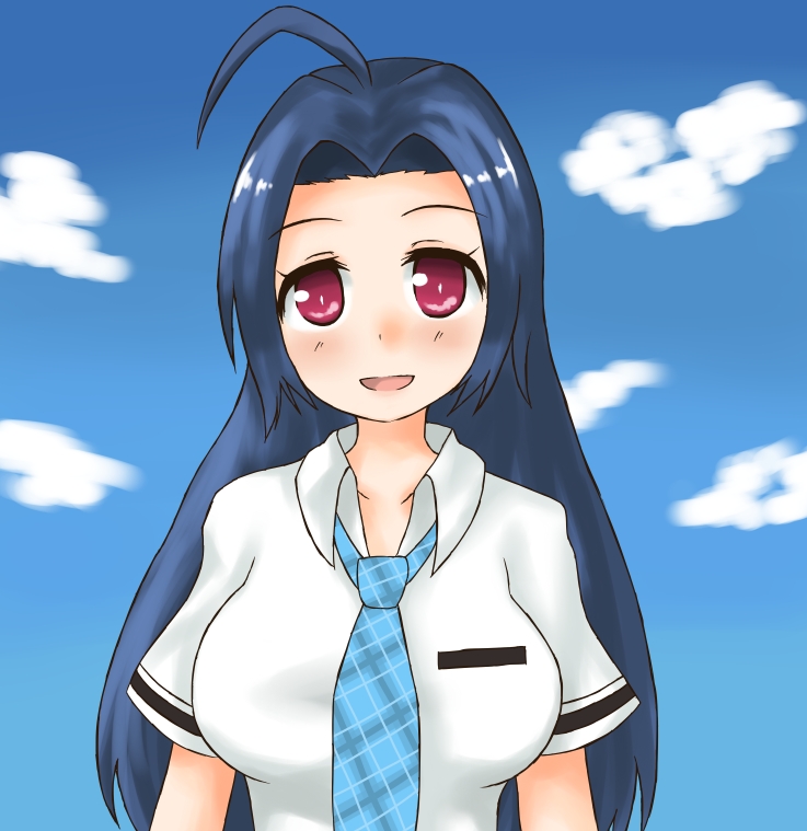 blush, idolmaster, kagami_yuu, long_hair, miura_azusa, necktie, red_eyes, rough_time_school