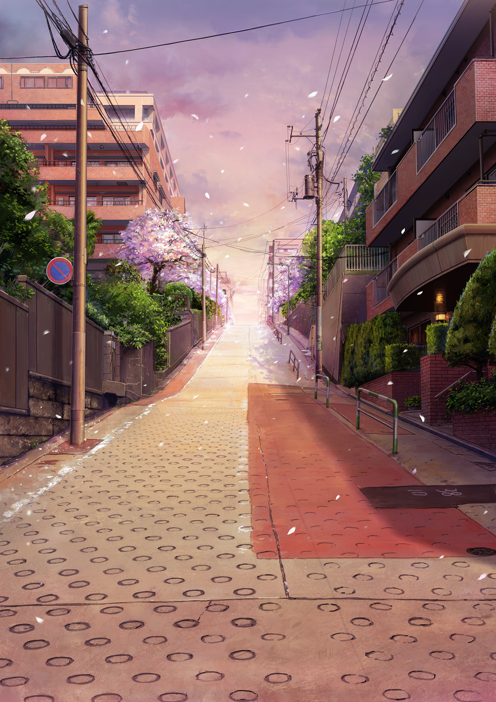 akiyama_uta, balcony, building, cable, cherry_blossoms, clouds, commentary_request, day