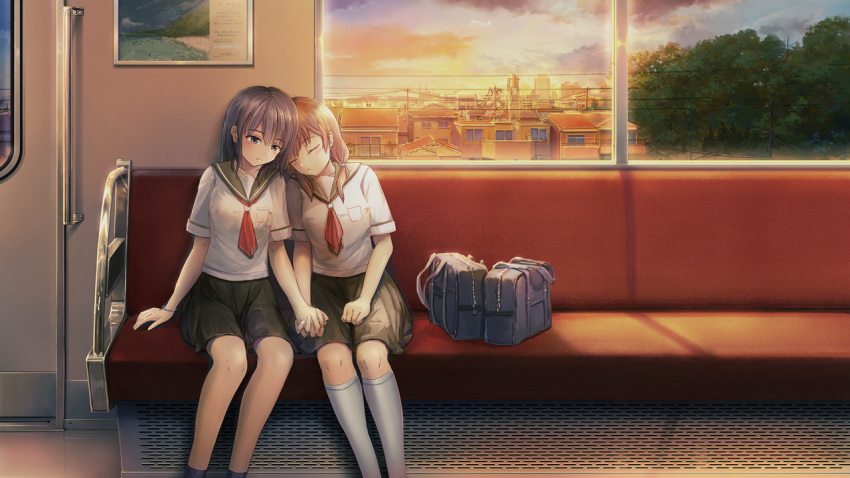 2girls, akiyama_uta, bag, beach, bead_bracelet, beads, black_sailor_collar, black_skirt