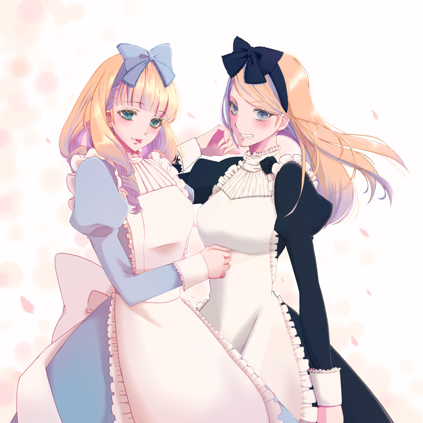 2girls, :p, absurdres, alicedaina, bangs, black_bow, blonde_hair, blue_eyes, blush, bow, dress, grin, hair_bow, highres, jessica_(jinrou_judgment), jinrou_judgment, long_hair, looking_at_viewer, multiple_girls, puffy_sleeves, sandra_(jinrou_judgment), siblings, sisters, smile, tongue, tongue_out
