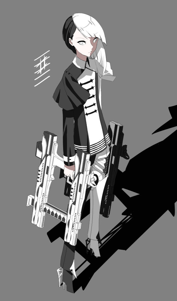 1boy, androgynous, black_eyes, black_footwear, black_gloves, black_hair, boots, dual_wielding