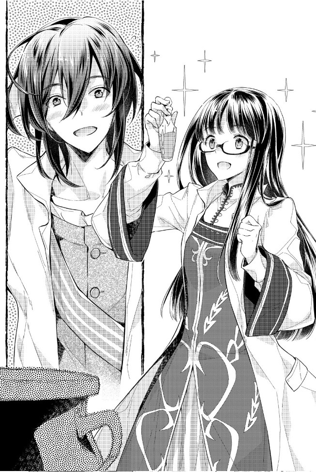 1boy, 1girl, :d, blush, breasts, clenched_hand, dress, glasses