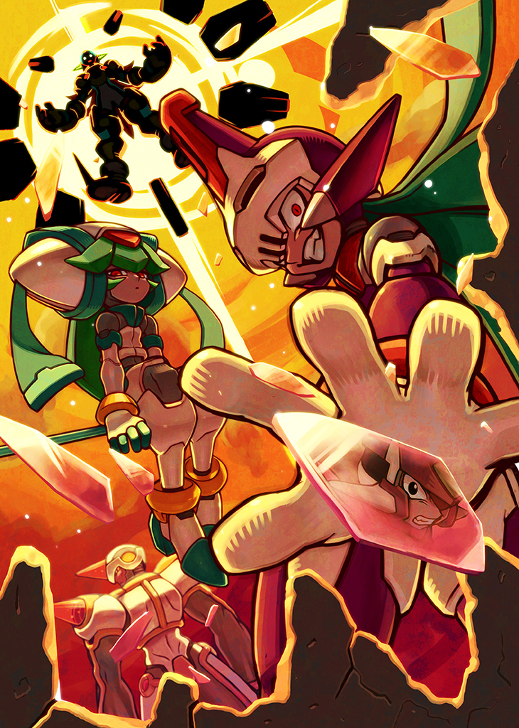 1girl, 3boys, albert_(rockman_zx), android, flying, gloves, green_hair, grin, helmet, hoketsu, looking_back, multiple_boys, open_palm, pandora_(rockman), power_armor, prometheus, red_eyes, rockman, rockman_zx, rockman_zx_advent, serpent_(rockman_zx), sitting, smile, staff_riding, teeth, white_gloves