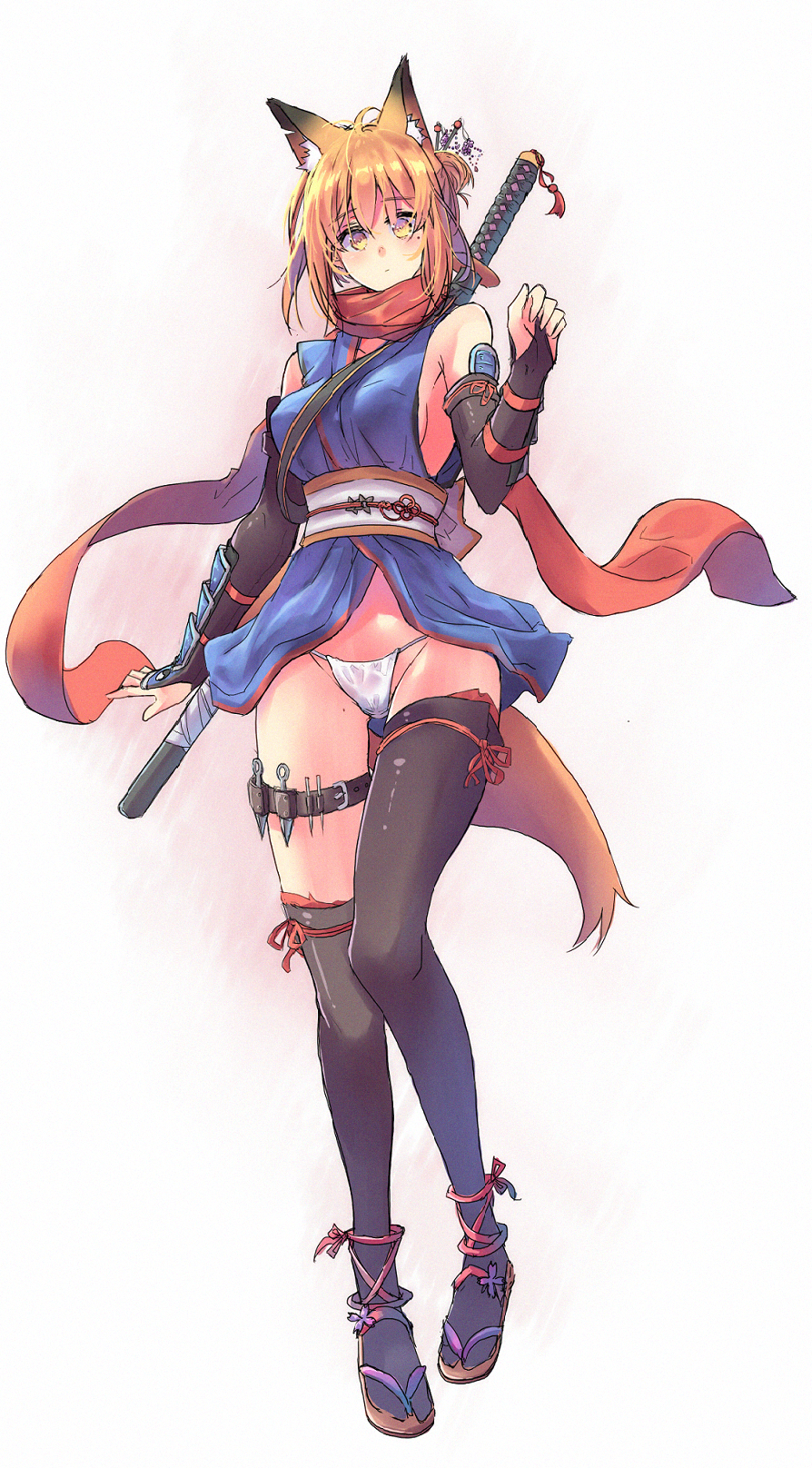 1girl, animal_ear_fluff, animal_ears, arm_guards, arm_up, asymmetrical_legwear, bangs, bare_shoulders, black_legwear, black_sleeves, blue_kimono, breasts, closed_mouth, commentary_request, detached_sleeves, eyebrows_visible_through_hair, fox_ears, fox_girl, fox_tail, full_body, hair_bun, highres, japanese_clothes, kimono, knife, long_sleeves, looking_at_viewer, medium_breasts, medium_hair, mole, mole_under_eye, no_pants, obi, one_side_up, orange_hair, original, panties, red_scarf, ribbon, sash, sawaya_(mizukazu), scarf, standing, sword, tabi, tail, thigh-highs, thigh_strap, throwing_knife, tied_hair, underwear, weapon, white_panties, yellow_eyes