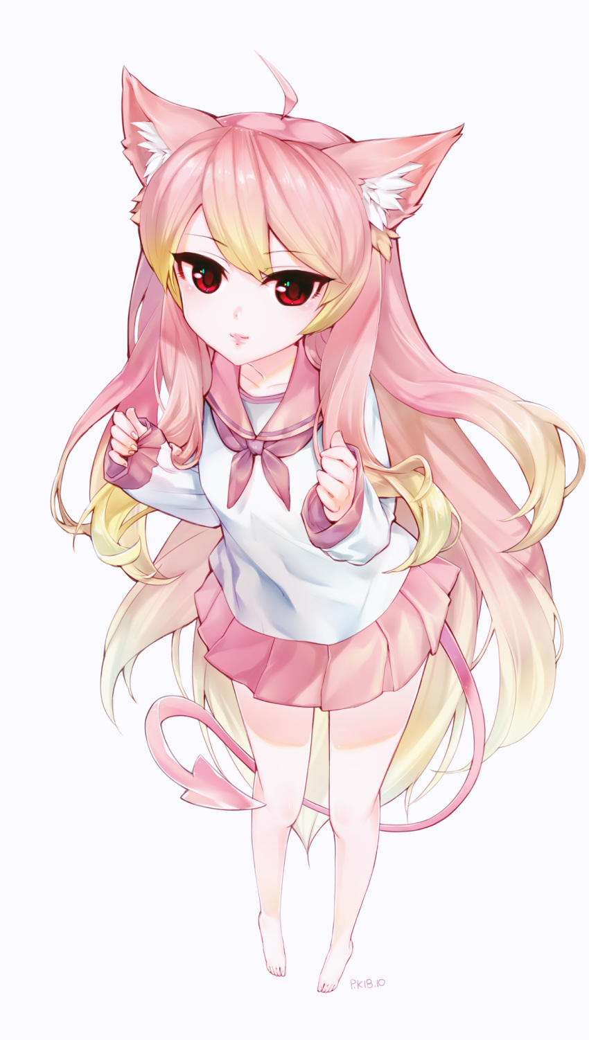 1girl, ahoge, animal_ear_fluff, animal_ears, barefoot, blonde_hair, cat_ears, commission