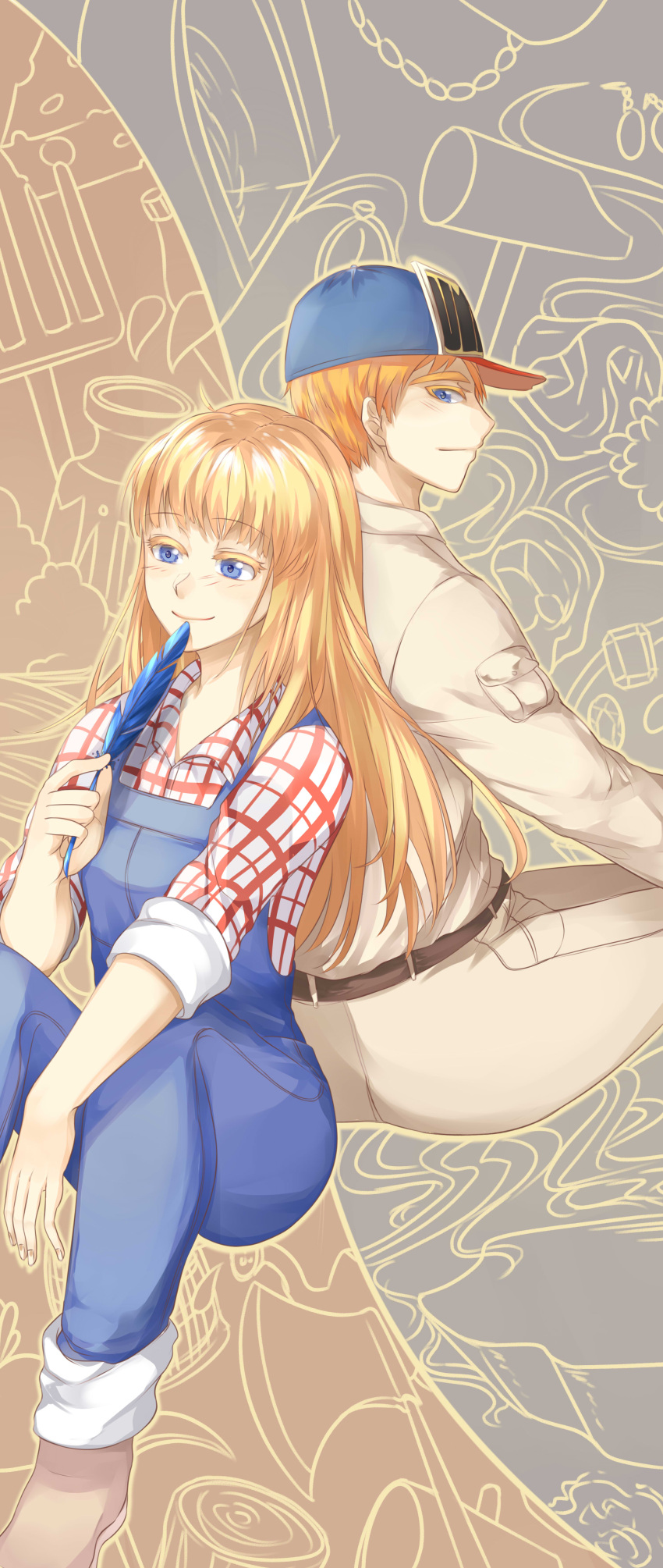 1boy, 1girl, absurdres, bangs, baseball_cap, blonde_hair, blue_eyes, blue_feathers