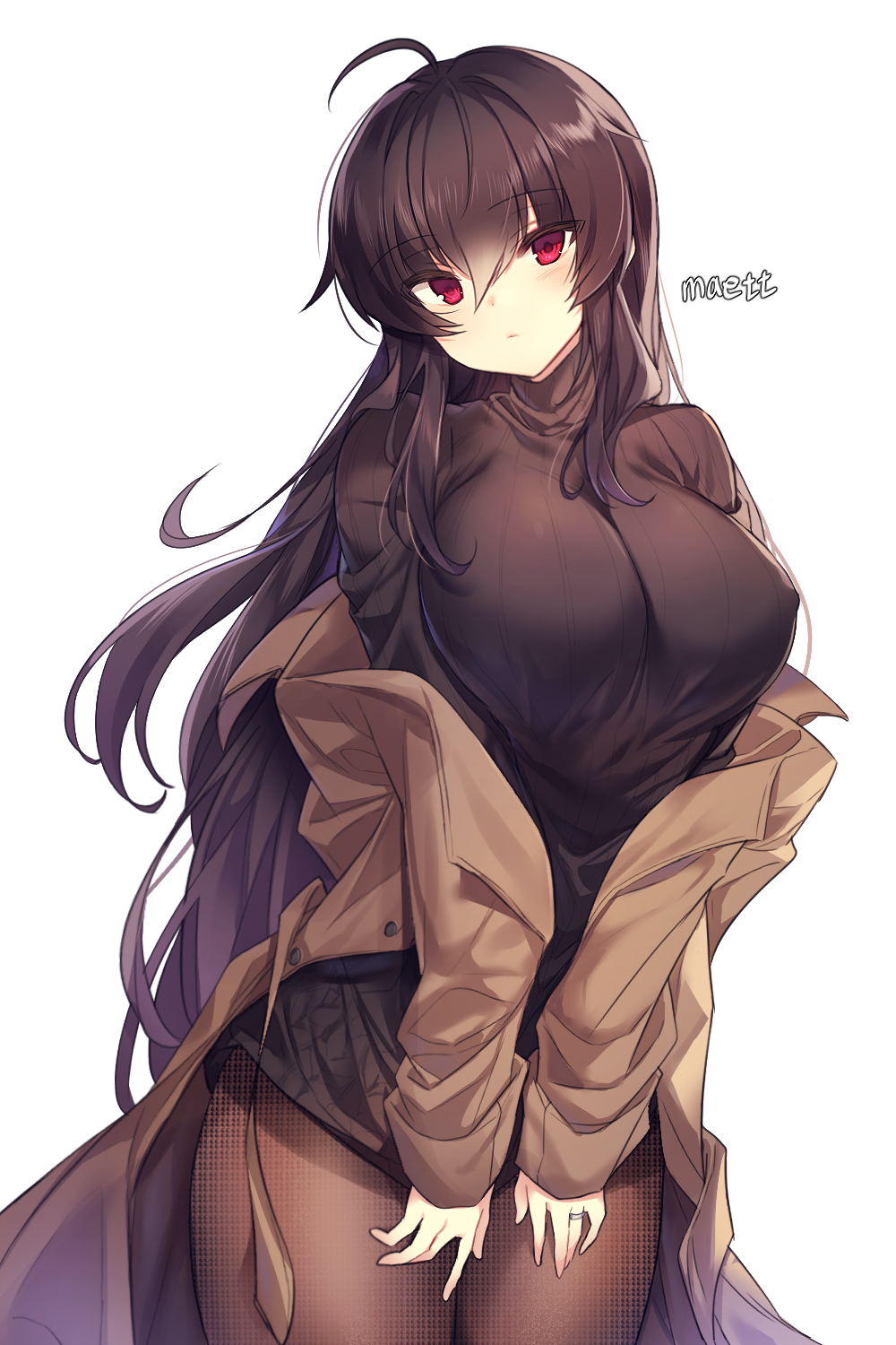 1girl, ahoge, bangs, black_hair, black_legwear, blush, breasts, eyebrows_visible_through_hair