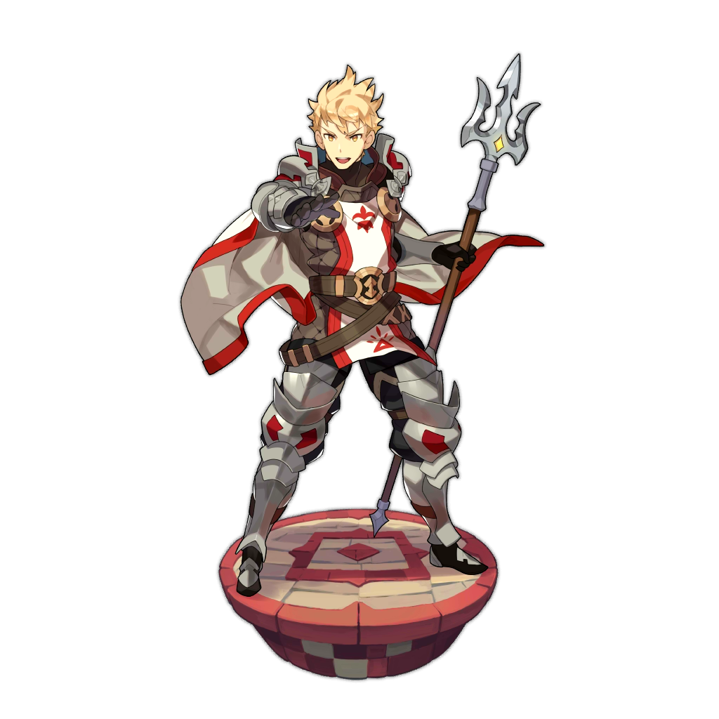 1boy, alain_(dragalia_lost), armor, artist_request, belt, blonde_hair, cape, dragalia_lost, emblem, game_cg, holding, holding_weapon, lance, looking_at_viewer, official_art, pointing, pointing_at_viewer, polearm, short_hair, weapon, yellow_eyes