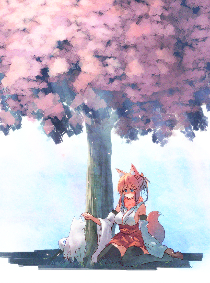 1girl, animal_ear_fluff, animal_ears, bangs, bare_shoulders, black_legwear, blue_eyes, blush