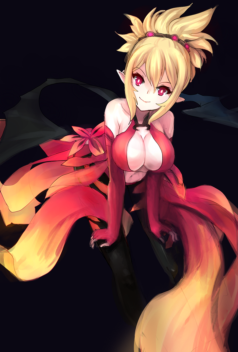 1girl, blonde_hair, breasts, ch2o, cleavage, closed_mouth, cosplay, demon_girl