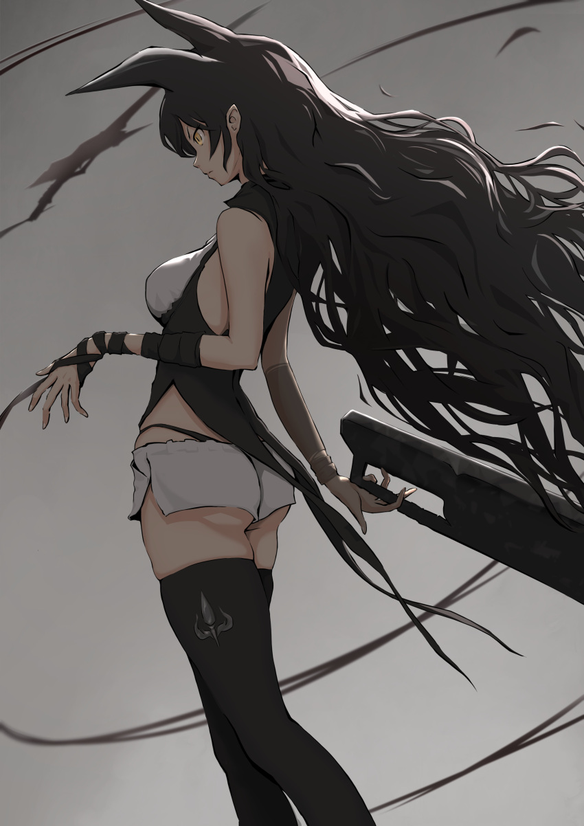 1girl, absurdres, animal_ears, black_hair, black_legwear, black_panties, blake_belladonna, breasts