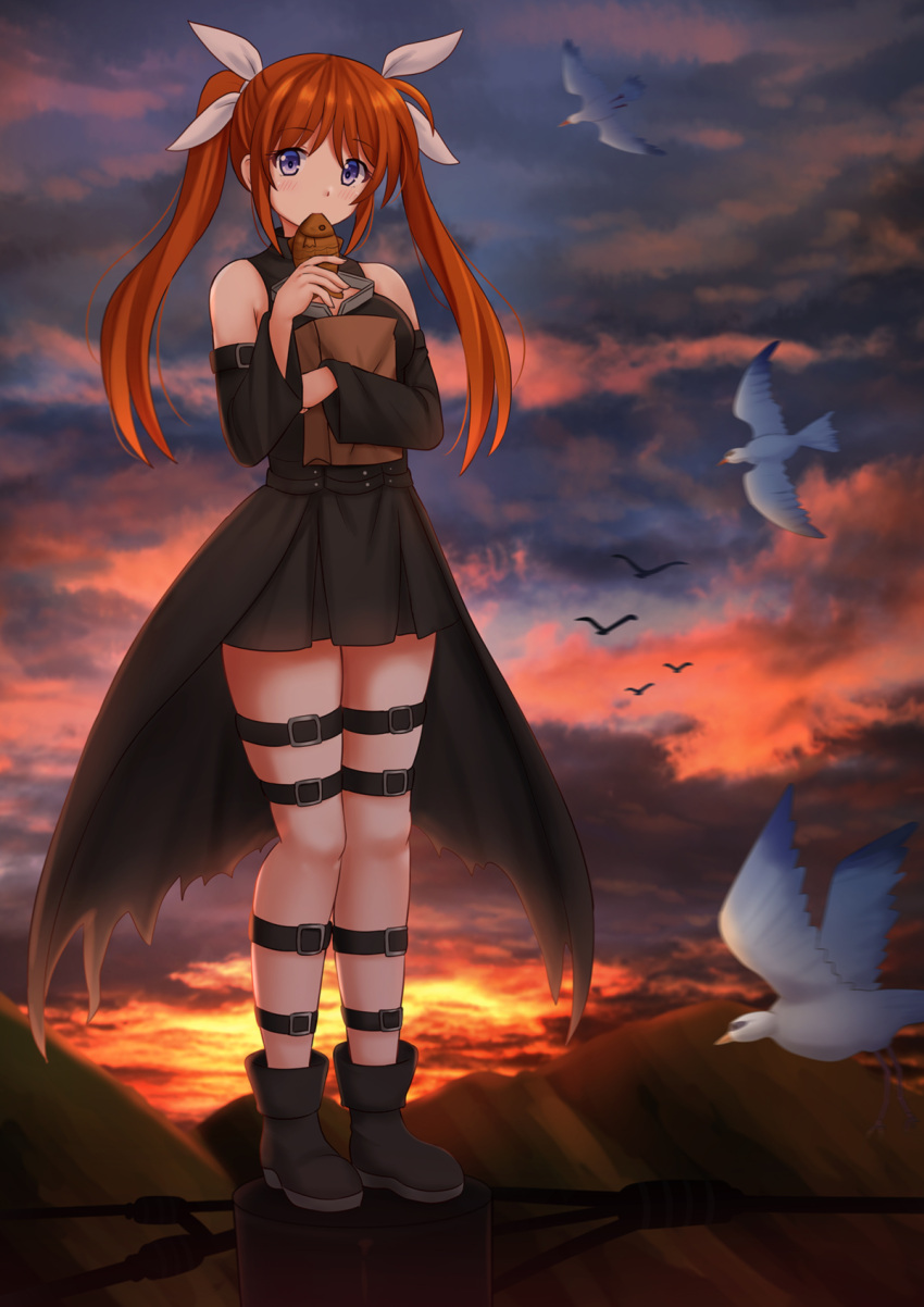 1girl, animal, bag, bangs, bare_shoulders, bird, black_dress, black_footwear
