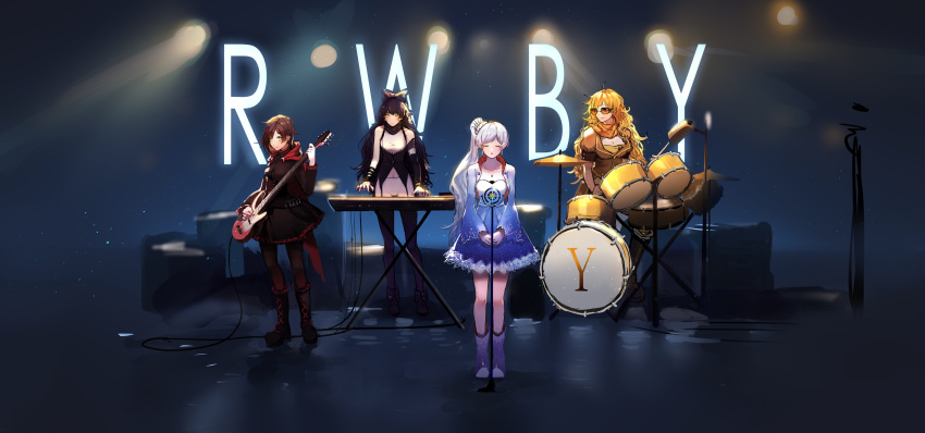 4girls, absurdres, ahivemind, amplifier, blake_belladonna, blonde_hair, boots, bow