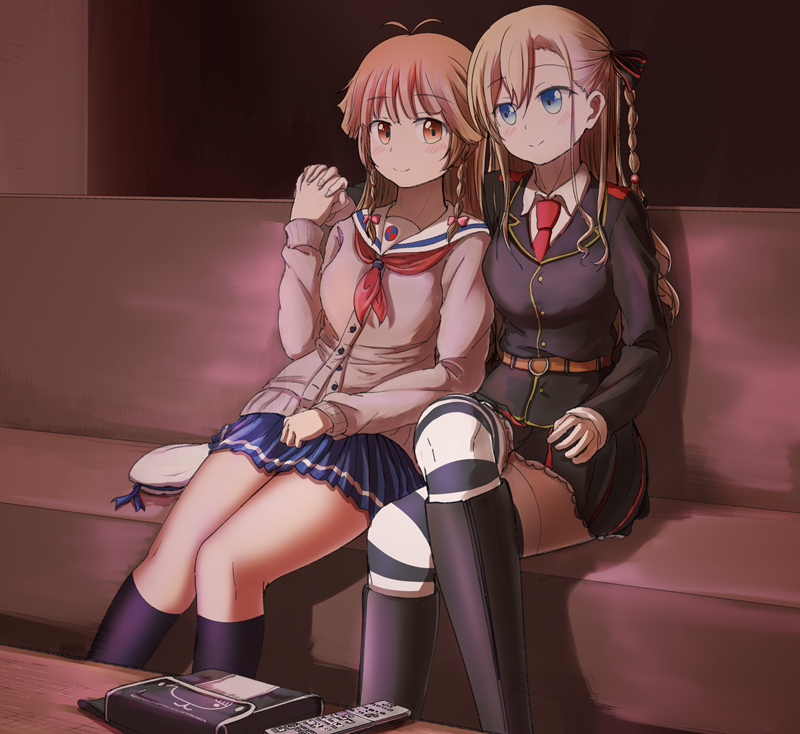2girls, 5tb, black_footwear, blonde_hair, blue_eyes, blush, boots, braid