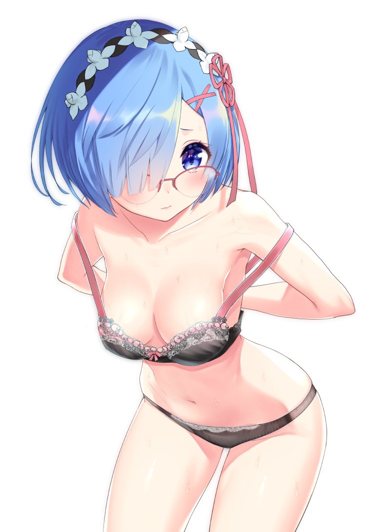 1girl, black_bra, black_legwear, blue_eyes, blue_hair, blush, bra, breasts, cleavage, glasses, hair_ornament, hair_over_one_eye, leaning_forward, looking_at_map, medium_breasts, over-rim_eyewear, panties, re:zero_kara_hajimeru_isekai_seikatsu, rem_(re:zero), semi-rimless_eyewear, short_hair, solo, strap_gap, strap_slip, sweat, underwear, white_background, x_hair_ornament, yasuyuki