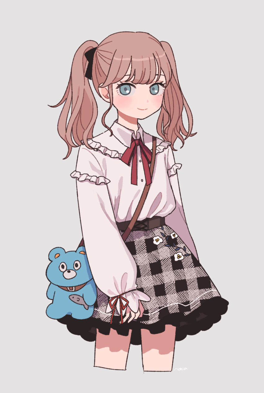 1girl, aqua_eyes, bag, bear, bear_bag, black_bow, blush, bow